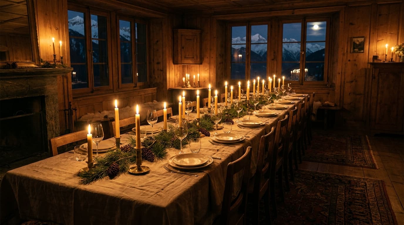 Lange Tafel bei Kerzenschein im Hotel Alpenblick