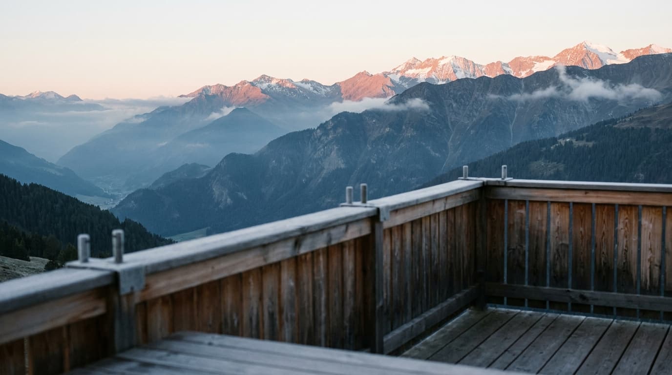 Das Safiental im Alpenglühen der Morgendämmerung, von der Terrasse des Hotel Alpenblick