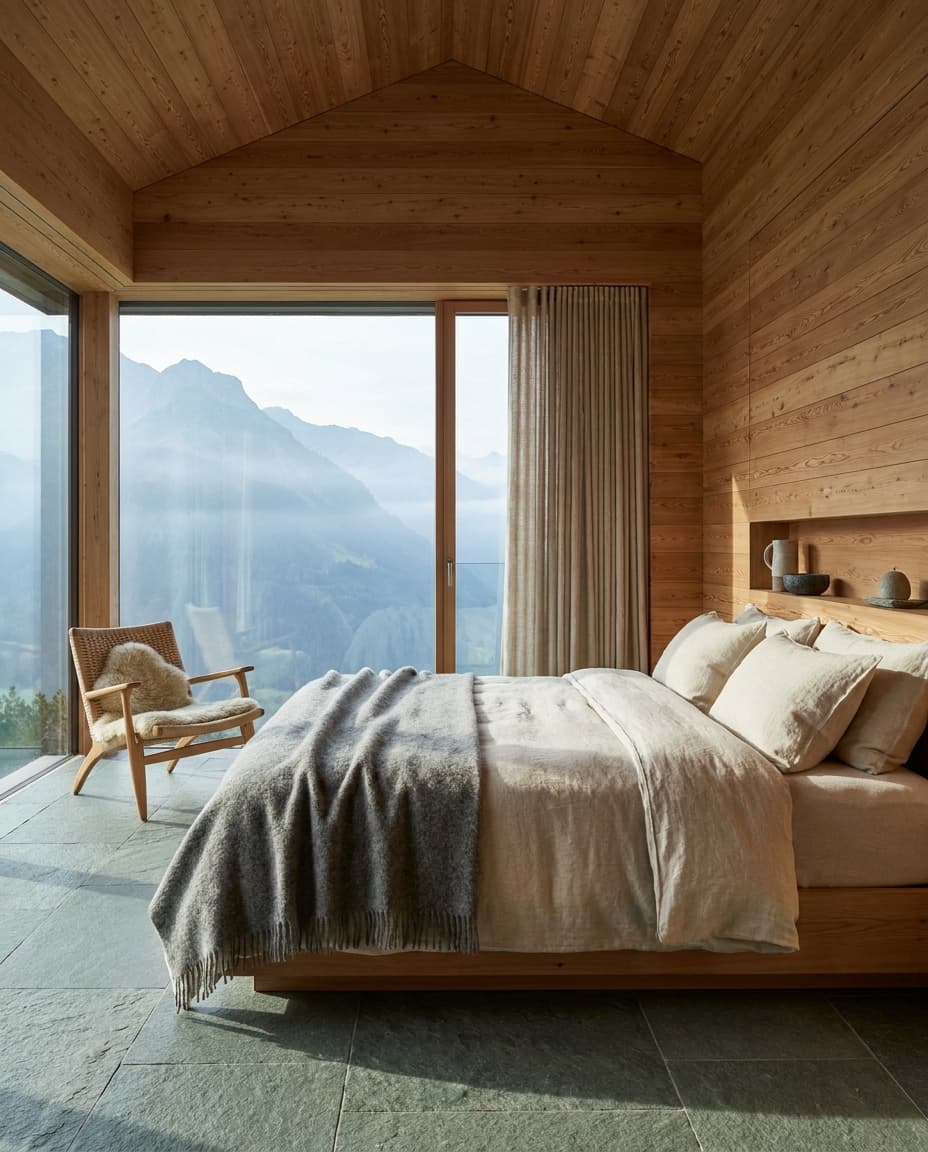 Panoramazimmer aus Lärchenholz mit bodentiefem Fenster zum Safiental im Hotel Alpenblick